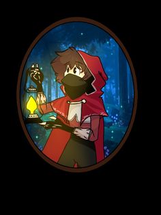 a cartoon character in a red hoodie holding a lit candle and wearing a black mask