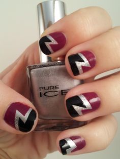 maroon, silver & black taping Rock And Roll Nails Design, White And Black Nails, Cosmo Nails, Gamecock Nails, Rock Makeup