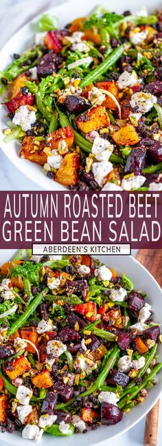 two plates filled with roasted beets, green beans and feta cheese on top