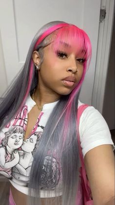 Pink And Grey Lace Front Wig, Pink And Grey Wigs For Black Women, Lace Wigs Styles Color, Color Side Part Wig, Gray And Pink Wig, Wig Install Color Ideas, Blonde And Pink Wig Black Women, Baddie Wig Colors, Shaved Side Quick Weave Hairstyles