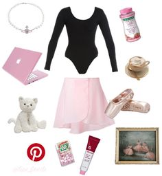 a woman's ballet outfit and accessories including shoes, a teddy bear, an apple juice bottle, a cup of coffee