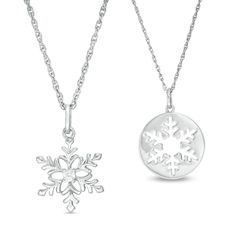 Cute and clever, this two-piece pendant set makes a great gift for any occasion. Crafted in sterling silver, the first pendant features a sculpted open snowflake centered with a sparking diamond accent. The second look features a round disc adorned with a snowflake-shaped cut-out. Buffed to a brilliant luster, each pendant suspends along an 18.0-inch rope chain that secures with a spring-ring clasp. Snowflake Cutouts, Nameplate Necklace Silver, Fandom Jewelry, Snowflake Jewelry, Light Jewelry, Snowflake Necklace, Snowflake Pendant, Peoples Jewellers, Beads Bracelet Design