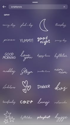 an iphone screen with different types of writing on the screen and stars in the background