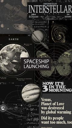 an advertisement for the intersteular launch, featuring planets and other things in black and white