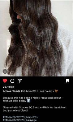 Brunette Gloss Formula, Ash Brown Redken Formula, Brunette Hair Formulas Chocolate Brown, Brunette Hair With Mushroom Highlights, Brown Hair Colors Formula, Brunette Mushroom Hair, Dark Brown Redken Shades Eq, Redken Shades Brunette Formulas, Non Brassy Brunette