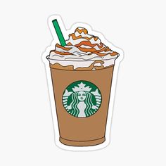 a starbucks drink with whipped cream and caramel on the top is shown in this sticker