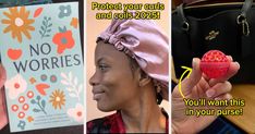 a woman holding up a small red object in her left hand and another photo with the words protect your curls and coils on it