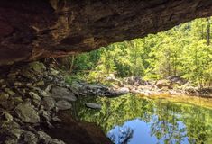 the water is clear and still running through the rocks near the cave's entrance