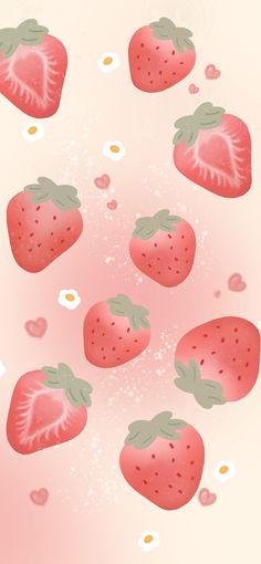 a bunch of strawberries flying through the air with hearts around them on a pink background