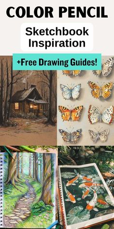 the color pencil sketch book is filled with pictures and text that reads, free drawing guides