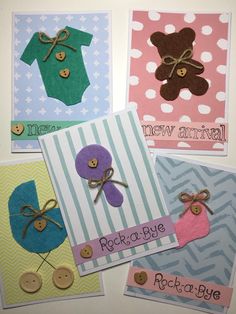 four handmade greeting cards with teddy bears and baby ones on them, all decorated in different colors