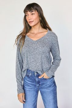 JIMI LONG SLEEVE V-NECK TEE-HEATHER GREY - Kingfisher Road - Online Boutique Perfect White Tee, White Tee, We Wear, V Neck Tee, Sleeve Cotton, Shirts For Girls, Heather Grey, Quality Fabric, Long Sleeve Tshirt