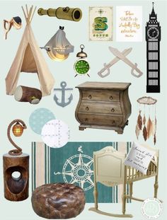 a collage of various items including a bed, dresser and other things on display