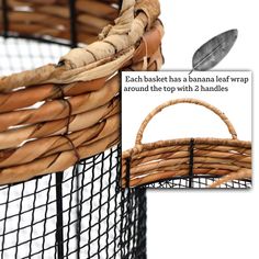 the basket has a banana leaf hanging from it's side and is next to another basket with two handles