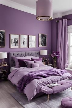 a bedroom with purple walls and furniture