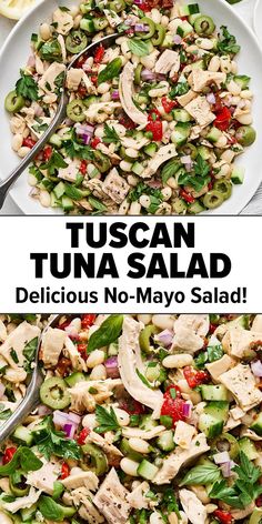 Tuscan tuna salad (no-mayo) Miranda Lambert Tuna Salad Recipe, Tuscan Tuna Salad Downshiftology, Tuscan Tuna And White Bean Salad, Tuna Healthy Salad, Mediterranean Diet Tuna Salad Recipe, Tuna Salads For Dinner, Tuna And Beans, Tuna Salad Wrap Recipe, Tuscan Tuna Salad