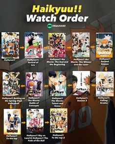 an advertisement for the anime series haikyuu watch order, with many characters