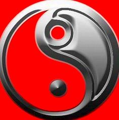 a silver and red yin sign on a red background