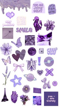 some purple and white stickers on a white background