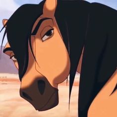 an animated horse with black hair and brown eyes looks at the camera while standing in front of a desert landscape