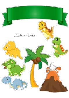 an image of dinosaur stickers on a white background with a green ribbon around it