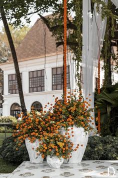 orange flowers in white vases on an outdoor table