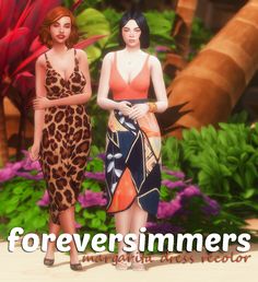 two beautiful women standing next to each other in front of plants and flowers with the words foreversimer's