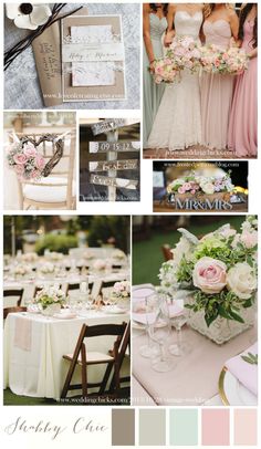 wedding color palettes for the bride and groom in pink, green, white, and grey