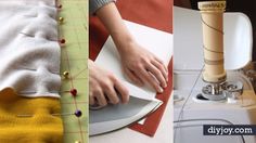 three different pictures showing the process of sewing and how to sew one on an ironing board