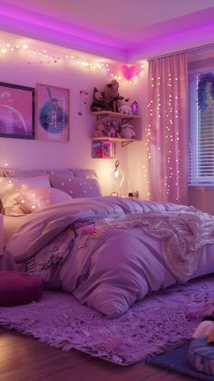 a bedroom decorated in pink and white with fairy lights