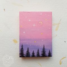 an acrylic painting of pine trees and the night sky with stars on it