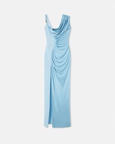 Medusa '95 Draped Gown Blue | Versace US Draped Gown, Drape Gowns, Versace Fashion, Versace Dress, Matches Fashion, Iconic Women, Gianni Versace, Viscose Fabric, Satin Fabric