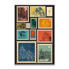 stamps with different designs on them are displayed against a white background and black border around the stamp