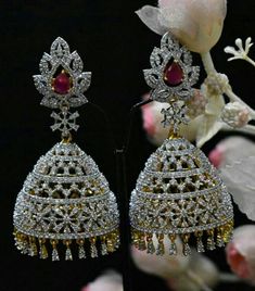 Diamond Buttalu, Diamond Earrings Indian, Diamond Jhumkas, Jhumkas Earrings, Diamond Jewelry Earrings, Indian Jewelry Earrings, Antique Jewellery Designs, Celebrity Jewelry