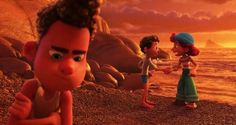 an animated character is standing on the beach with two other characters in the background,