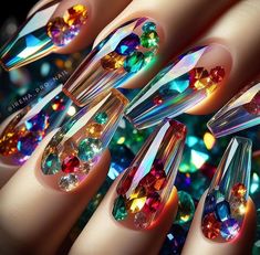 nail arts 💅 Nails Diamonds, Jewel Nails, Gem Nail Designs, Ballerina Acrylic Nails, Shiny Nails Designs, Disney Acrylic Nails, Bling Nail Art, Junk Nails