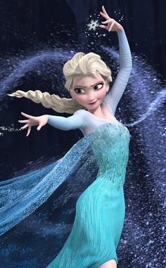 the frozen queen is dancing in her blue dress with snow flakes on it's head