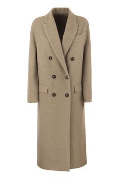 C002 BRUNELLO CUCINELLI DOUBLE-BREASTED COAT IN CASHMERE CLOTH Jewellery Decoration, Cashmere Jacket, Double Breasted Coat, Outerwear Coats, Brunello Cucinelli, Polished Look, T Shirt Dress, Womens Clothing Tops, Horn