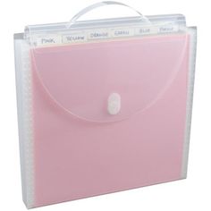 a pink folder with a white button on the front and two clear handles in it