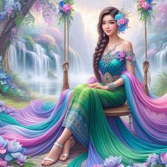 a painting of a woman sitting on a swing in front of a waterfall with flowers