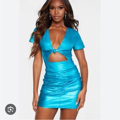 Brand New, Color Metallic Blue Blue Ruched V-neck Mini Dress, Blue Ruched Mini Dress, Light Blue Ruched Dress For Date Night, Blue Ruched Dress For Party, Blue Ruched Party Dress, Flirty Light Blue Ruched Mini Dress, Blue V-neck Ruched Mini Dress, Blue Flirty Mini Dress With Short Sleeves, Flirty Blue Mini Dress With Short Sleeves