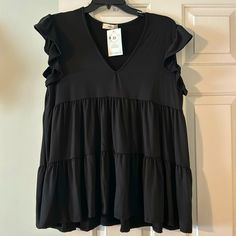 Nwt Black Blouse. Entro Brand. Babydoll Fit. Flutter Sleeves Casual Black Flowy Blouse, Black Flutter Sleeve Tops For Spring, Black Flowy Sleeveless Top, Casual Black Top With Flutter Sleeves, Flowy Black Blouse, Black Blouses, Flutter Sleeves, Black Blouse, Flutter Sleeve