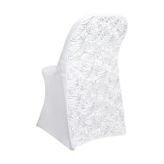 a white chair with flowers on the back and seat cover is shown against a white background