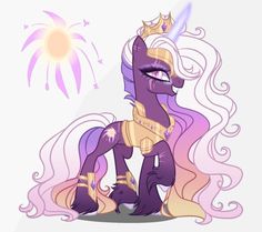 a purple pony sitting on top of a white floor next to a sun and clouds