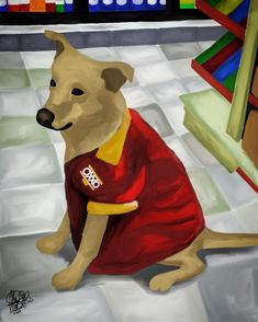 a painting of a dog wearing a red shirt