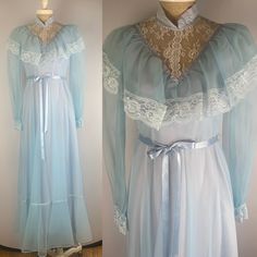 "Vintage 60s Light Blue Lace Maxi Regencycore Dress  Size Small Vintage Size 9/10 High neck Puffy long sleeves  Fully Lined  Satin belt  Excellent condition. 34\" bust 28\" waist  40\" hips  15-1/2\" shoulder to shoulder  25-1/2\" shoulder seam to cuff  57\" from back neckline to hem" Blue Long Sleeve Vintage Party Dress, Blue Long Sleeve Vintage Dress, Blue Long-sleeve Vintage Dress, 1970s Long Sleeve Blue Dresses, 1970s Blue Long Sleeve Dress, Vintage Light Blue Long Sleeve Dress, Blue Long Sleeve Dress For Vintage Fashion, Blue Long Sleeve Vintage Fashion Dress, Blue Vintage Long Sleeve Dress