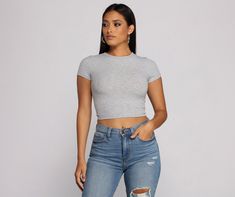 Sometimes basic is better. like this adorable crop top! Featuring a crew neckline and ribbed fabric. this top can be worn with all your cute 'fits. Style with your favorite pair of high rise jeans and a chic crossbody bag for grabbing lunch with your girls.Fit & Features Crew neckline Short sleeves Cropped Ribbed fabric with plenty of stretch Casual Ribbed Cropped T-shirt For Everyday, Trendy Crew Neck Crop Top, Trendy Ribbed Cropped T-shirt For Spring, Trendy Everyday Crop Top, Spring Ribbed Cropped T-shirt, Trendy Spring Cropped T-shirt, Trendy Everyday Crew Neck Crop Top, Girls Fit, Chic Crossbody Bag