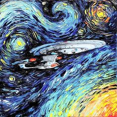 a painting of a star trek ship in the middle of a starry night sky