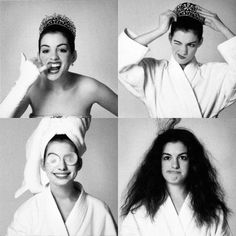 four different pictures of a woman in a bathrobe brushing her hair and smiling