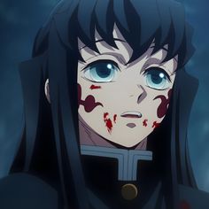 an anime character with blue eyes and blood on his face is staring at the camera